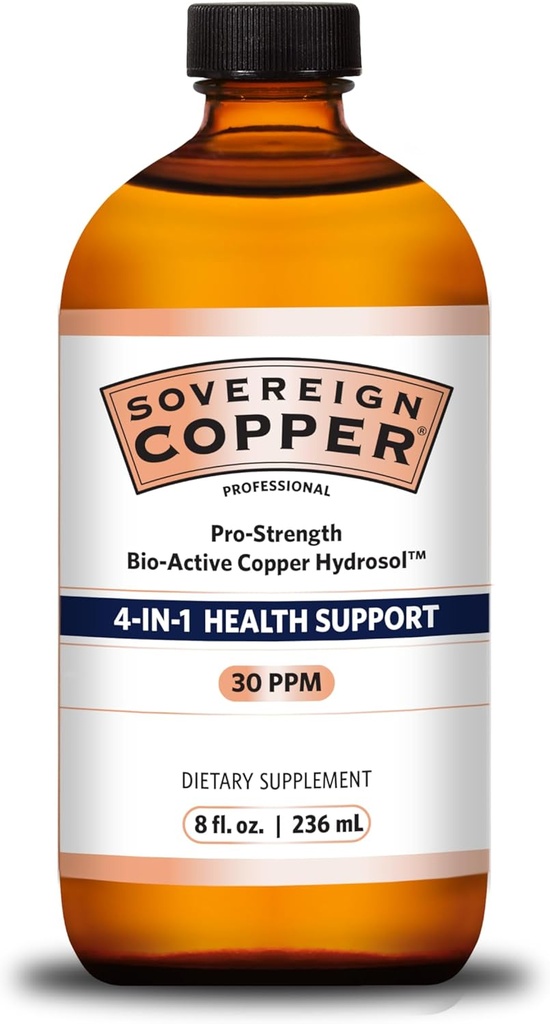 Sovereign Pro-Strength Bio-Active Copper Hydrosol - Bioavailable Copper Liquid Supplement for Adults & Kids w/Silver Hydrosol for Hair, Skin, & Nails, 30ppm - 8 fl oz (237mL)
