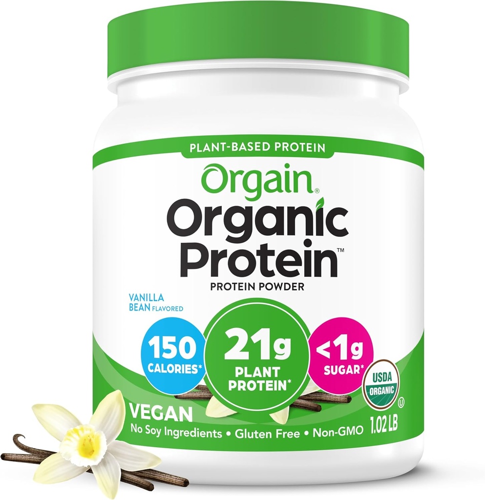 Orgain Organic Vegan Protein Powder, Vanilla Bean - 21g Plant Based Protein, 4g Prebiotic Fiber, No Lactose Ingredients, No Added Sugar, Non-GMO, For Shakes & Smoothies, 1.02 lb (Packaging May Vary)