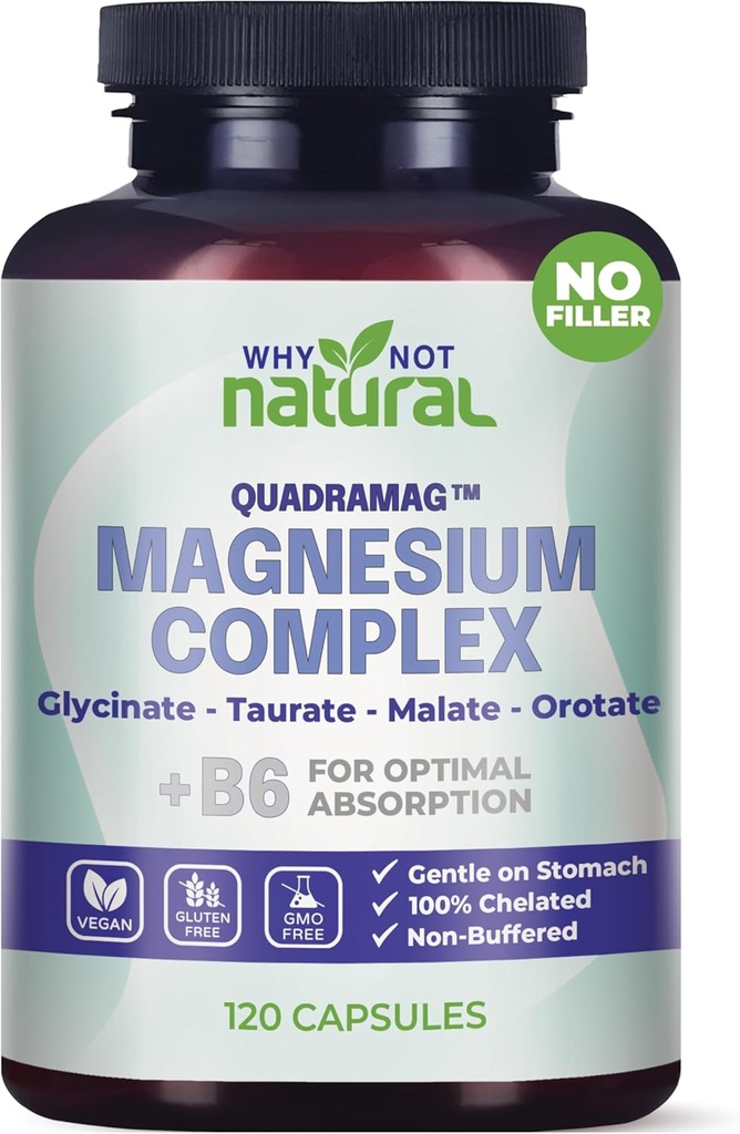 Supplément complexe de magnésium 4-en-1 - Glycinate, Taurate, Malate, Mélange d'orotate - 300 mg par portion, 120 capsules