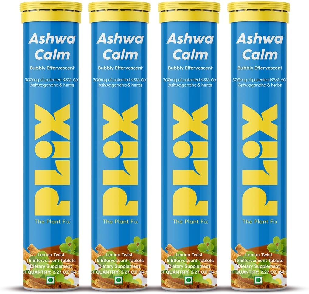PLIX - THE PLANT FIX KSM-66 Ashwagandha 300mg Suppléments effervescents pour le stress, l'humeur et le soutien énergétique avec vitamine D3 et Brahmi - 60 Végétaux, non OGM, comprimés sans gluten, paquet de 4