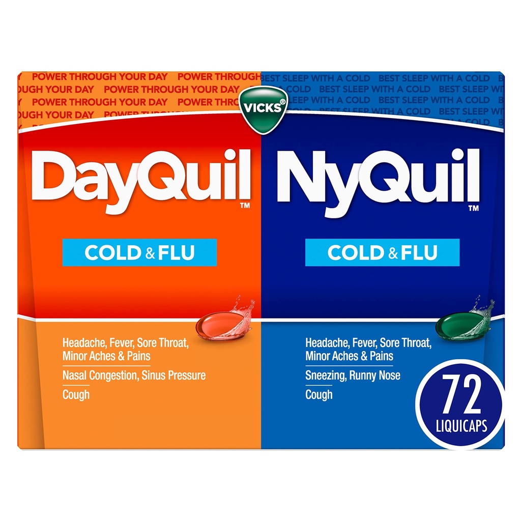 Vicks DayQuil & NyQuil Co-Pack, Cold & Flu Medicine, Powerful Multi-Symptom Daytime & Nighttime Relief for Headache, Fever, Sore Throat, Minor Aches & Pains, & Cough, 72ct