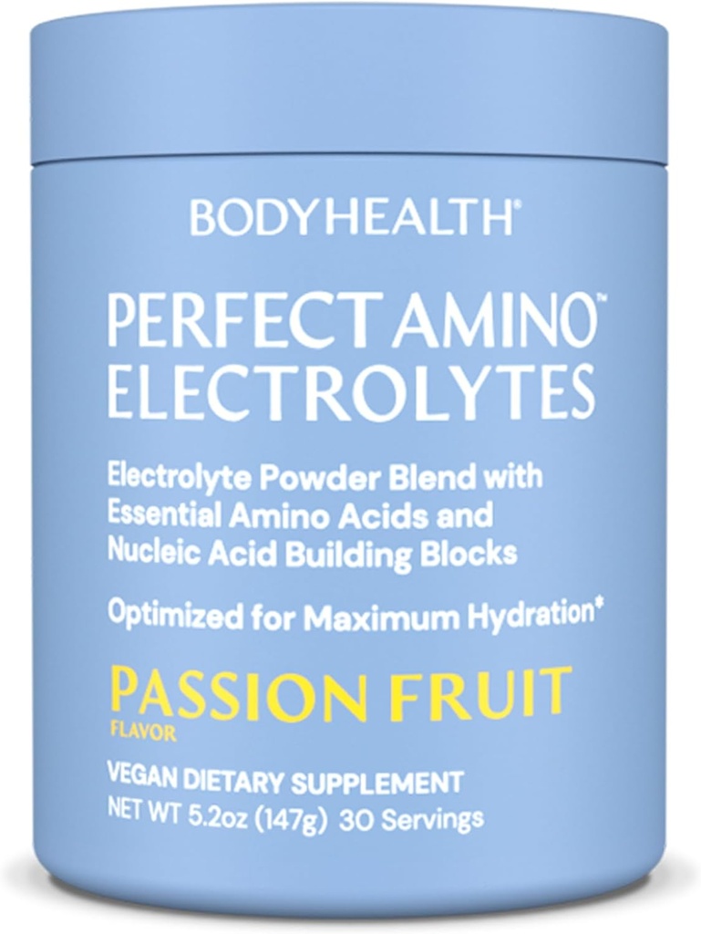BodyHealth PerfectAmino Electrolytes Poudre Sans Sucre, Hydratation A jeun Keto Zero Sucre Electrolytes Boisson Mélange avec Trace Minerals - Passion Fruit - 30 portions