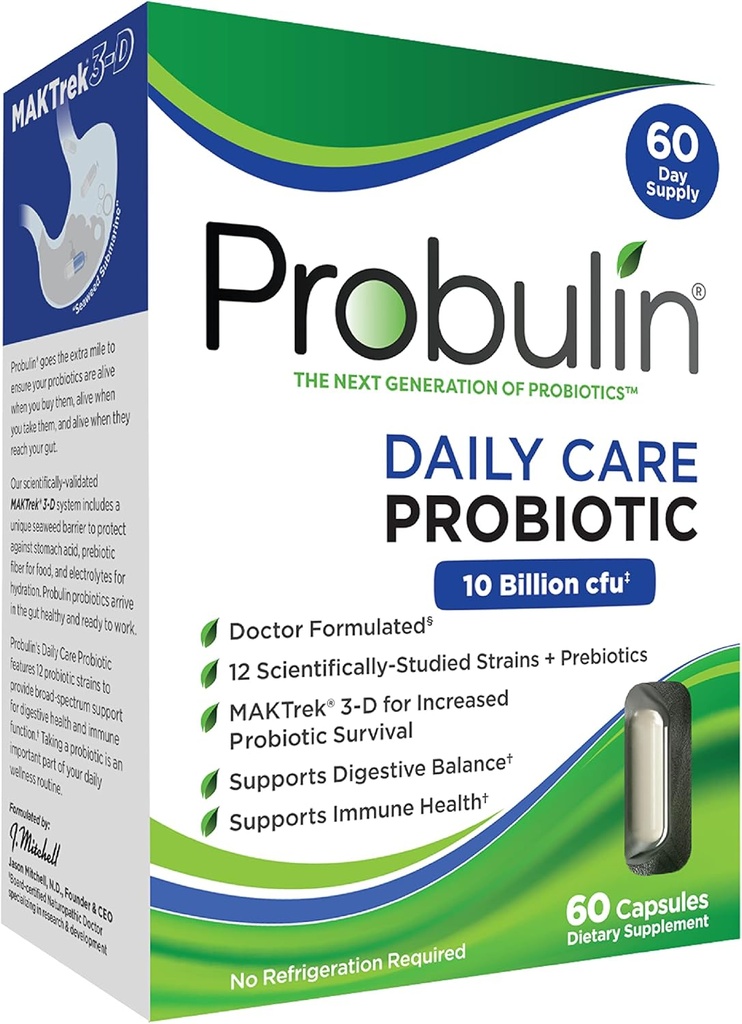 Probuline Daily Care Probiotic Supplement, Digestive, Gut, et Immune Capsules de soutien de la santé pour les hommes et les femmes, 10 milliards CFU, Vegan, 60 Cot Box