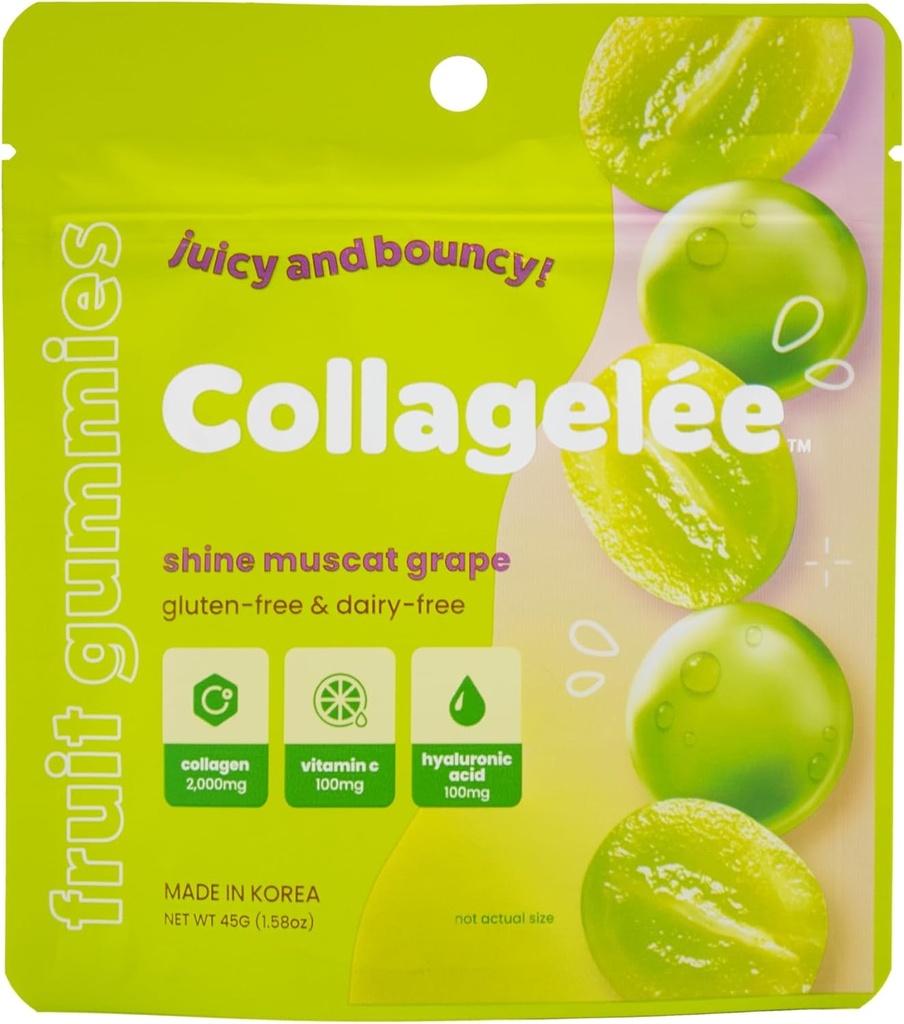 Collagelee Collagen Gummies - Colagène Marine Candy avec vitamine C, acide hyaluronique, et biotine pour la peau hydratée, jeune et plumpe - Collagène coréen Snacks (Shine Muscat Raisin)