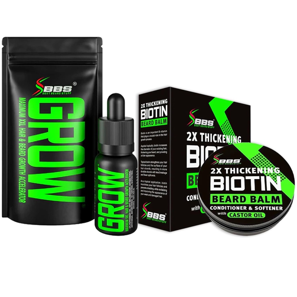 Kit de croissance de la barbe avec huile/sérum de barbe GROW XXL pour la croissance faciale des cheveux pour les hommes + 2X Épaisseur Biotine Mustache Wax & Balm pour les hommes - Conditionneur et softener - Formulé en Amérique