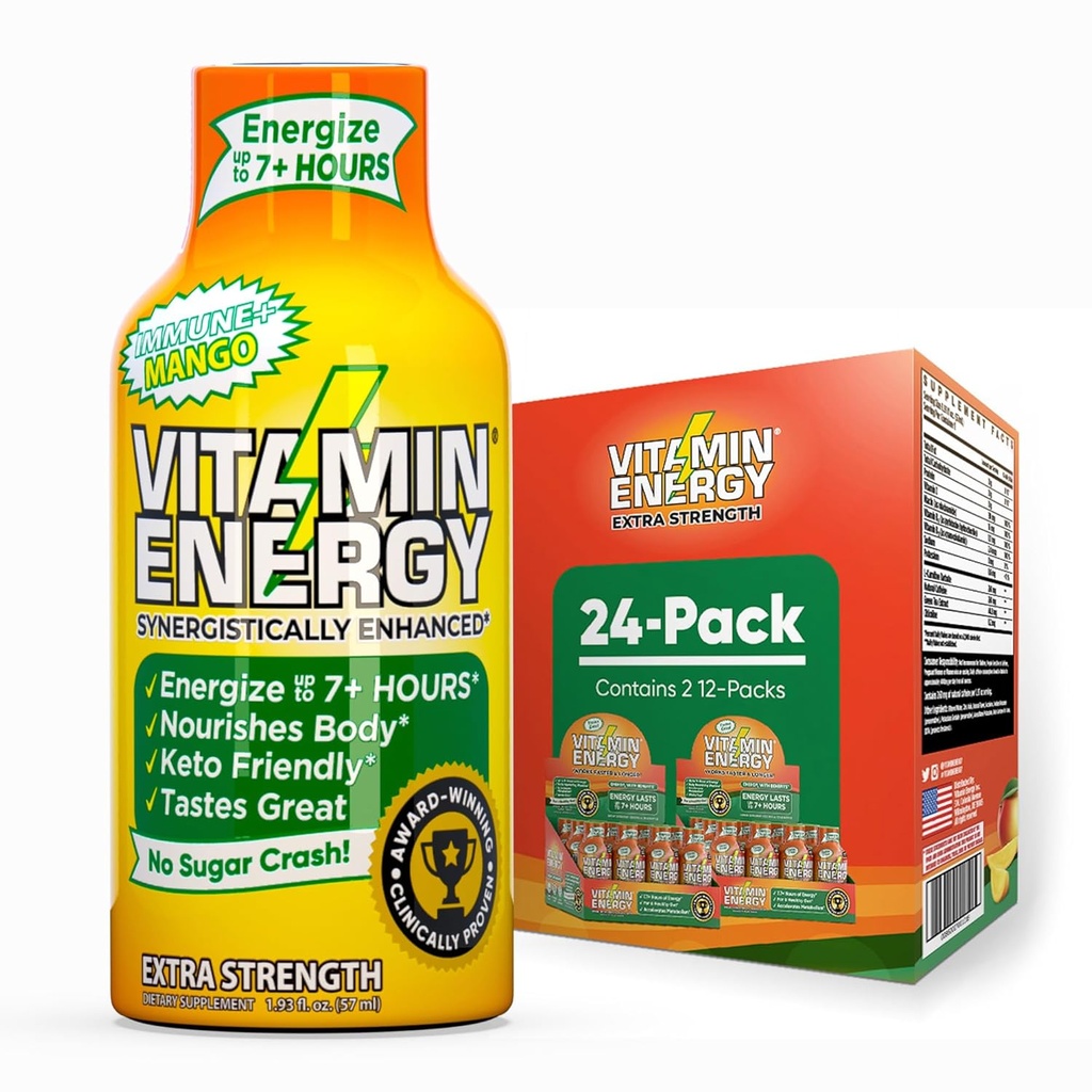 Vitamine Energy Immune+ Extra Strength Energy Shot Mango 24 Pack, 260mg Caféine naturelle, B-Vitamines, Citicoline, Thé vert, Immunity & Focus Support, Zéro sucre, Sans gluten 1,93 fl oz