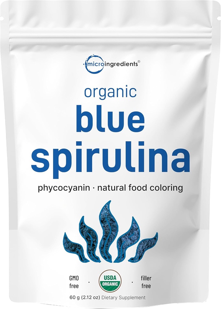 Poudre de spiruline bleue biologique (extrait de phycocyanine), 60 portions - Pas d'odeur de poisson, 100% de protéines végétales de l'algue bleue-verte, Coloration naturelle des aliments lumineux pour les smoothies, cuisson au four, boissons et cuisson