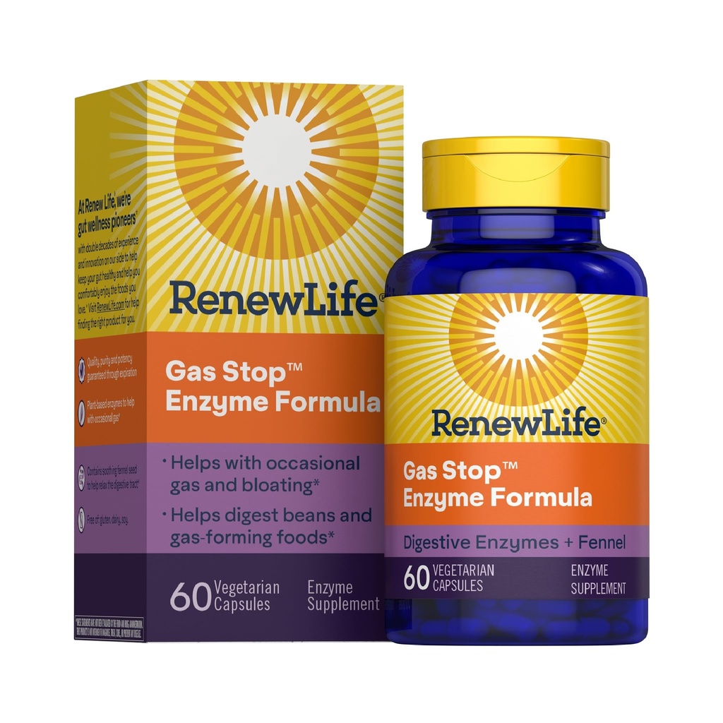 Renouveler la vie Supplément enzymatique basé sur les plantes adultes - Formule enzymatique d'arrêt de gaz, sans dariy - 60 capsules végétariennes