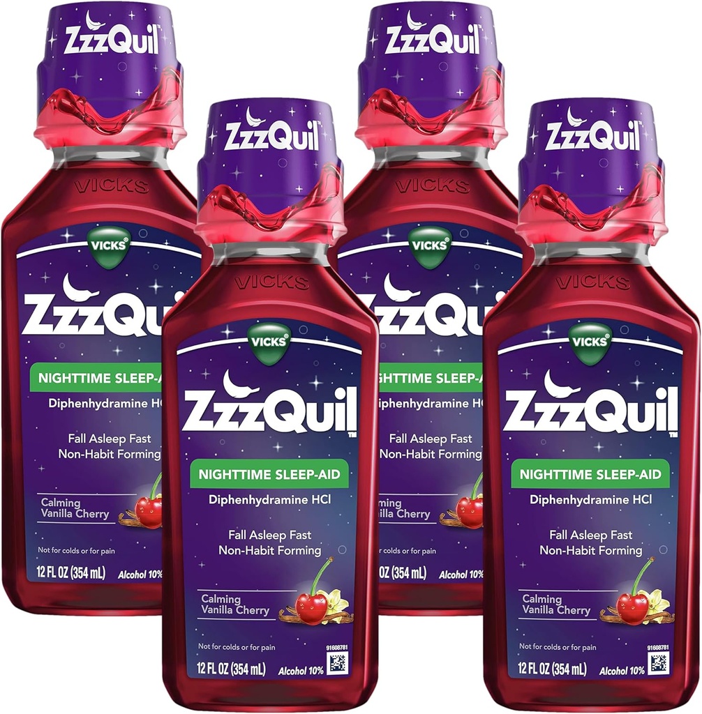 ZzzQuil, liquide d'aide au sommeil de nuit, 50 mg de Diphenhydramine HCl, marque N°1 d'aide au sommeil, parfum de cerise de vanille calmant, forme non-habitante, 12 FL OZ (paquet de 4)