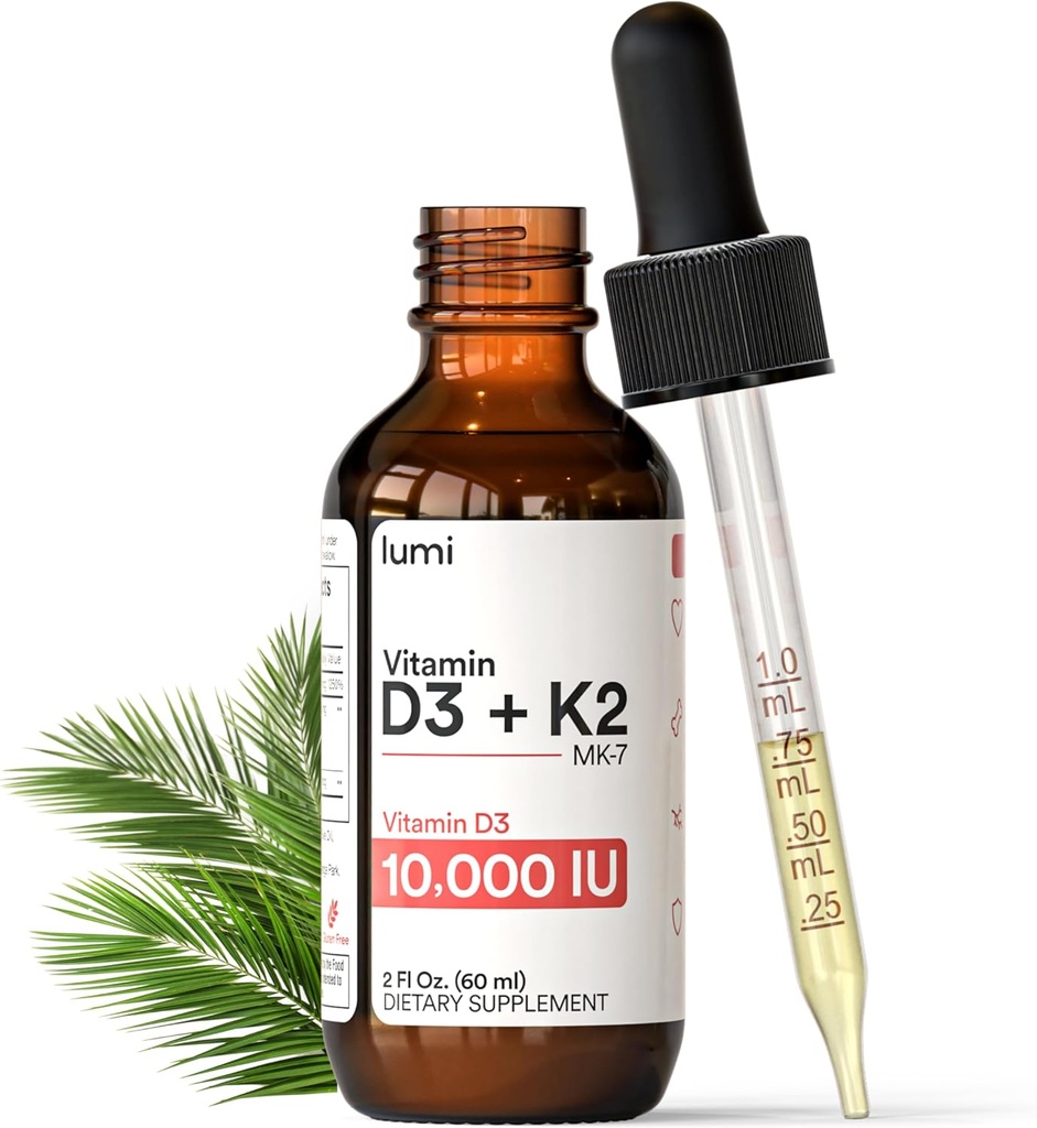lumi Vitamine D3 K2 MK7 w Huile de palme MCT - 10000 UI D3, 200 mcg K2 MK7-60ml Absorption liposomique Gouttes liquides sublinguales - Liquide non-OGM, végétalien, non aromatisé - Approvisionnement mensuel - 2 Fl Oz