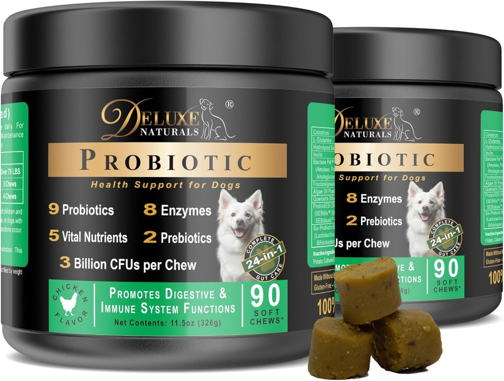 Probiotiques pour chiens Supplément probiotique pour chien tout naturel avec enzymes, prébiotiques, citrouille.Promouvoir la santé digestive, améliorer l'allergie et l'immunité, 180 Compte (paquet de 2 x 90 ct)