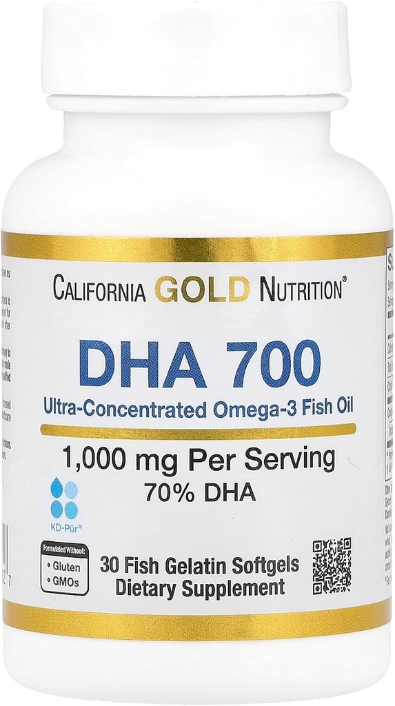 California Gold Nutrition DHA 700 Huile de poisson Huile de poisson de qualité pharmaceutique avec DHA - Soutien à la santé cérébrale et cardiovasculaire - Sans gluten, sans OGM - 1000 mg - 30 softgels de gélatine de poisson