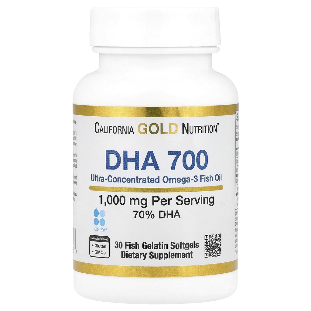California Gold Nutrition DHA 700 Huile de poisson Huile de poisson de qualité pharmaceutique avec DHA - Soutien à la santé cérébrale et cardiovasculaire - Sans gluten, sans OGM - 1000 mg - 30 softgels de gélatine de poisson