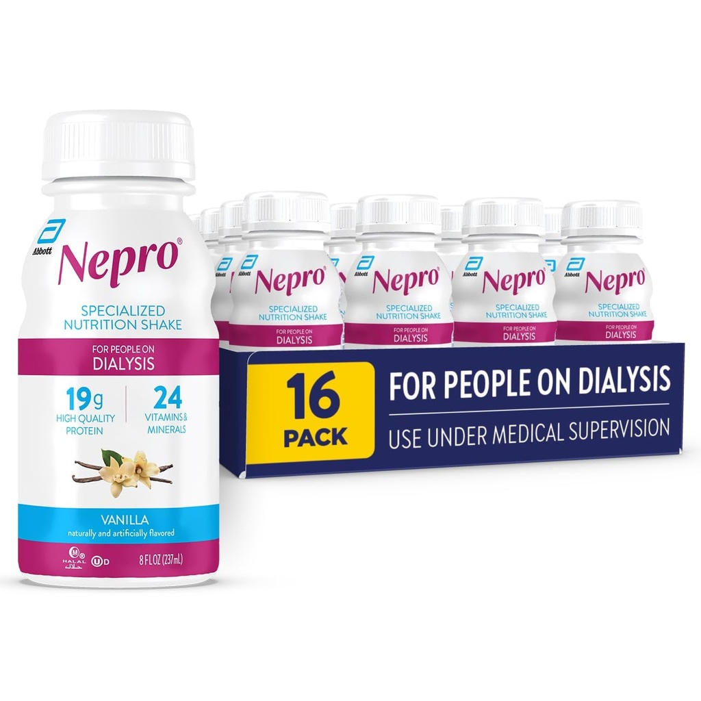 Nepro Nutrition Shake pour les personnes en dialyse, 19g Protéines, 420 Calories, Vanille, 8 fl oz, Pack de 16