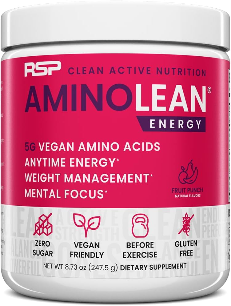 RSP NUTRITION AminoLean pré-entraînement poudre, Amino énergie et gestion du poids avec les acides aminés végétaliens BCAA, caféine naturelle, pré-entraînement Boost pour les hommes et les femmes, 30 Serv