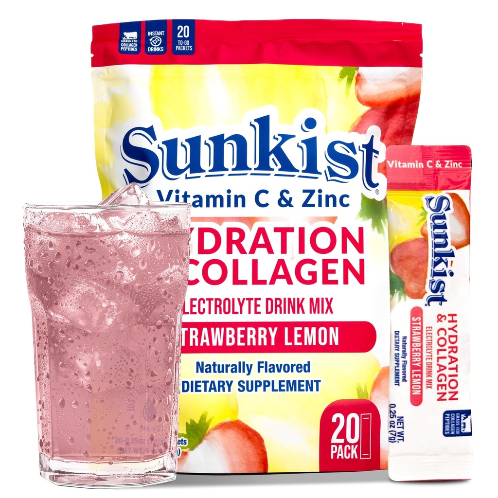 Mélange de boisson de collagène surgelé de haricots - boisson électrolytique au citron de fraise d'hydratation pour les femmes avec vitamine C, zinc, peptides de collagène, naturellement aromatisé - 20 Pack