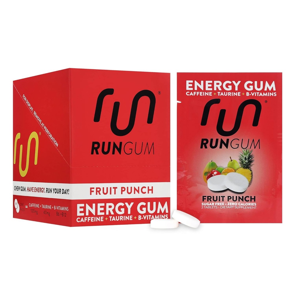 RUN GUM Fruit Punch Energy Chewing Gum 50mg caféine Taurine et b-vitamines par pièce, 24 pièces (paquet de 12) sans sucre, zéro calories, sans aspartame, et sans gluten, 1 ea