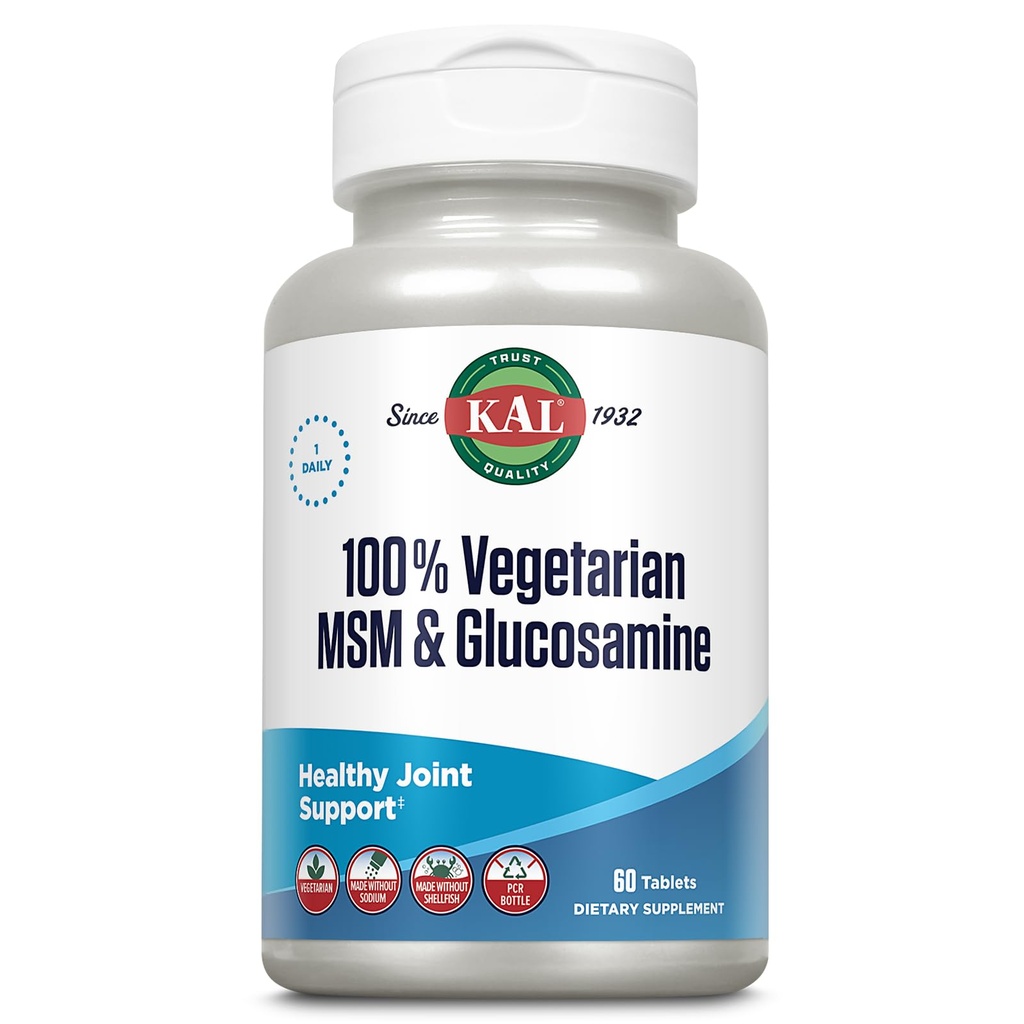 KAL 100% Végétarien MSM & Glucosamine - Soutien articulaire sain - Supplément Glucosamine végétalien et MSM - Fabriqué sans mollusques - Verifié en laboratoire - Garantie de 60 jours - 60 portions, 60 comprimés