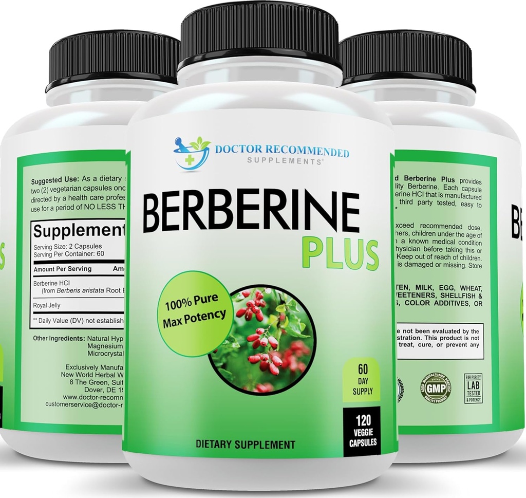 DOCTEUR COMPLÉMENTS RECOMMANDÉS Berberine Plus 1200mg par portion - 120 Capsules de Veggie avec Jelly Royal