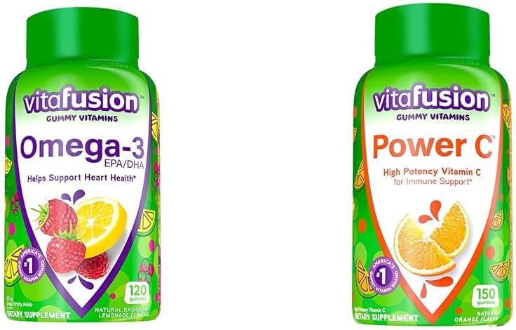 Vitafusion Omega-3 Berry Lemonade Heart Health Gummies 120 Comte et vitamine C aromatisée orange Gummies pour le soutien immunitaire 150 Comte