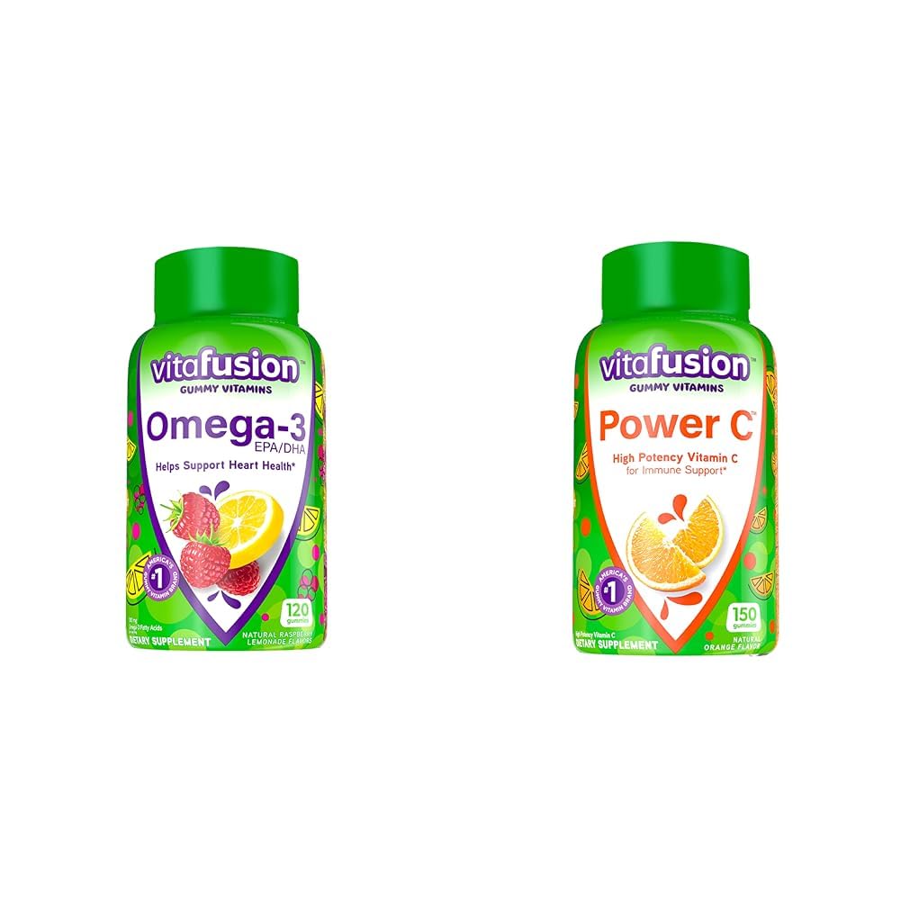 Vitafusion Omega-3 Berry Lemonade Heart Health Gummies 120 Comte et vitamine C aromatisée orange Gummies pour le soutien immunitaire 150 Comte