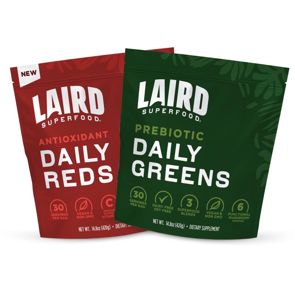Laird Superfood Reds & Greens Bundle, Prébiotique Daily Greens et Antioxident Daily Reds Poudre, 14.8oz