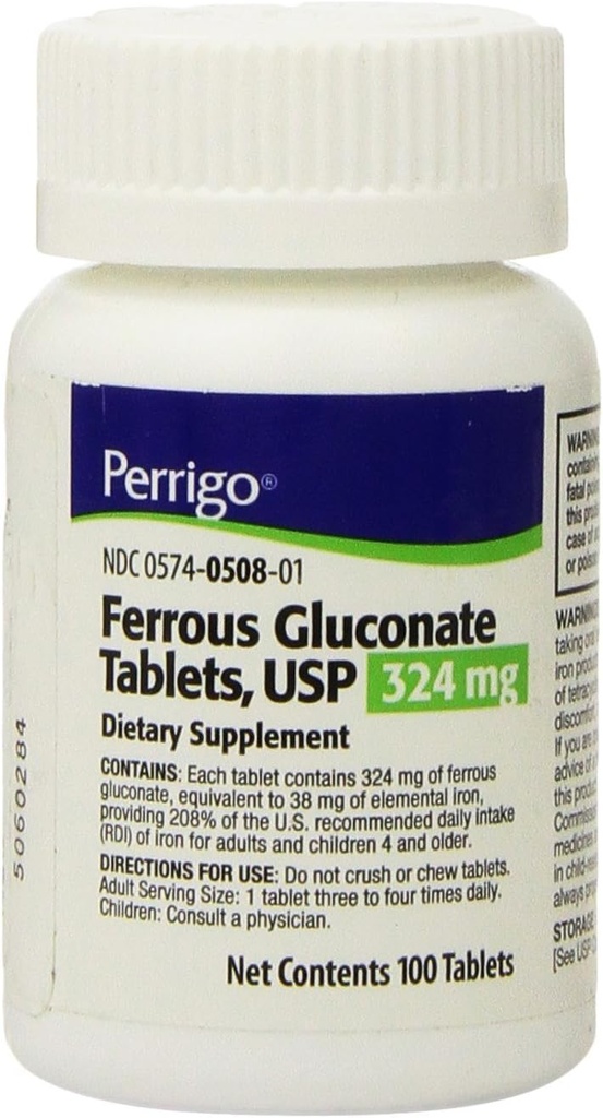 Comprimés de gluconate ferreux, 324mg, 100 Nombre