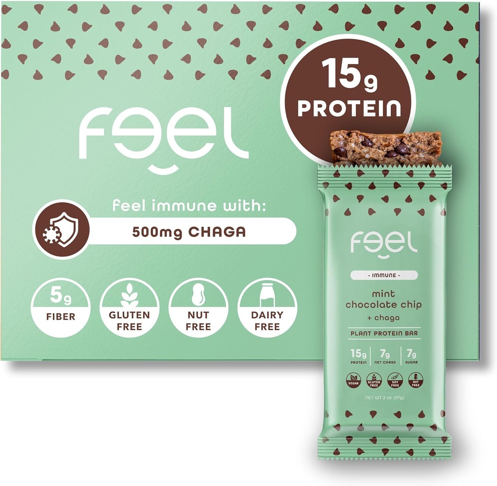 Feel Vegan Protein Bars (en anglais seulement) Chipe de chocolat à la menthe (en anglais seulement) Keto (en anglais seulement) Sans gluten (en anglais seulement) Organic (en anglais seulement) Chaga Mushroom (en anglais seulement) 15g Protéine végétale (en anglais seulement) Faible teneur en protéines (en anglais seulement)