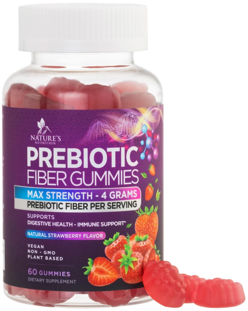 Gommies de fibre pour adultes, supplément quotidien de fibre de gommy de 4g, soutien de la santé digestive Gommy prébiotique - Mâches de fibre soluble à base végétale, prébiotiques soutient la régularité et la digestion non-OGM - 60 Gommies