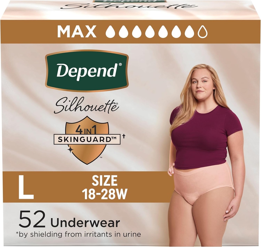 Depend Silhouette Couches pour adultes, Incontinence & Postpartum Bladder Sous-vêtements pour femmes, Absorbence maximale, Grande, Rose, 52 Compte (2 Packs de 26), Emballage May Vary
