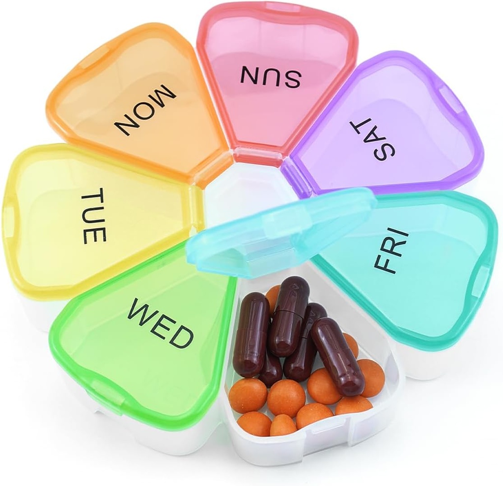 Quacc Cute Weekly Pill Organizer Travel 7 Day Portable Round Pill Case Box Pill Container Medcine Holder for Large Vitamine Fish Oil Pill Medice Supplement Storage - Rainbow