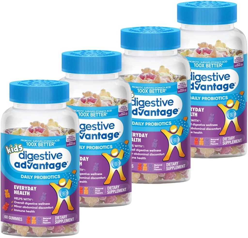 Avantage digestif Fruits naturels pour enfants Gommies probiotiques pour les enfants Bloating occassional, Désagréments abdominales mineurs et santé des gommies, 60 comtes Gommies (4 paquets)