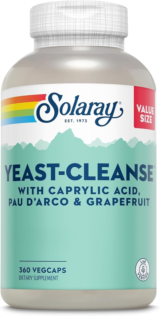 SOLARAY Nettoyage des levures, support antioxydant avec acide caprylique, PAU d'Arco, extrait de racines de réglisse et extrait de graines de pamplemousse, garantie de 60 jours, garantie de 60 jours, 60 portions, 360 capsules de légumes