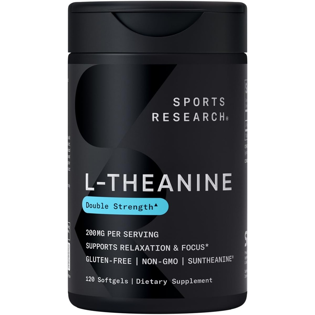 Recherche sportive Supplément L-Theanine double résistance - Suntheanine Softgels pour la focalisation, la relaxation et l'alerte - Support non somnolent avec huile de coco, sans OGM et sans gluten - 200mg, 120 Compte