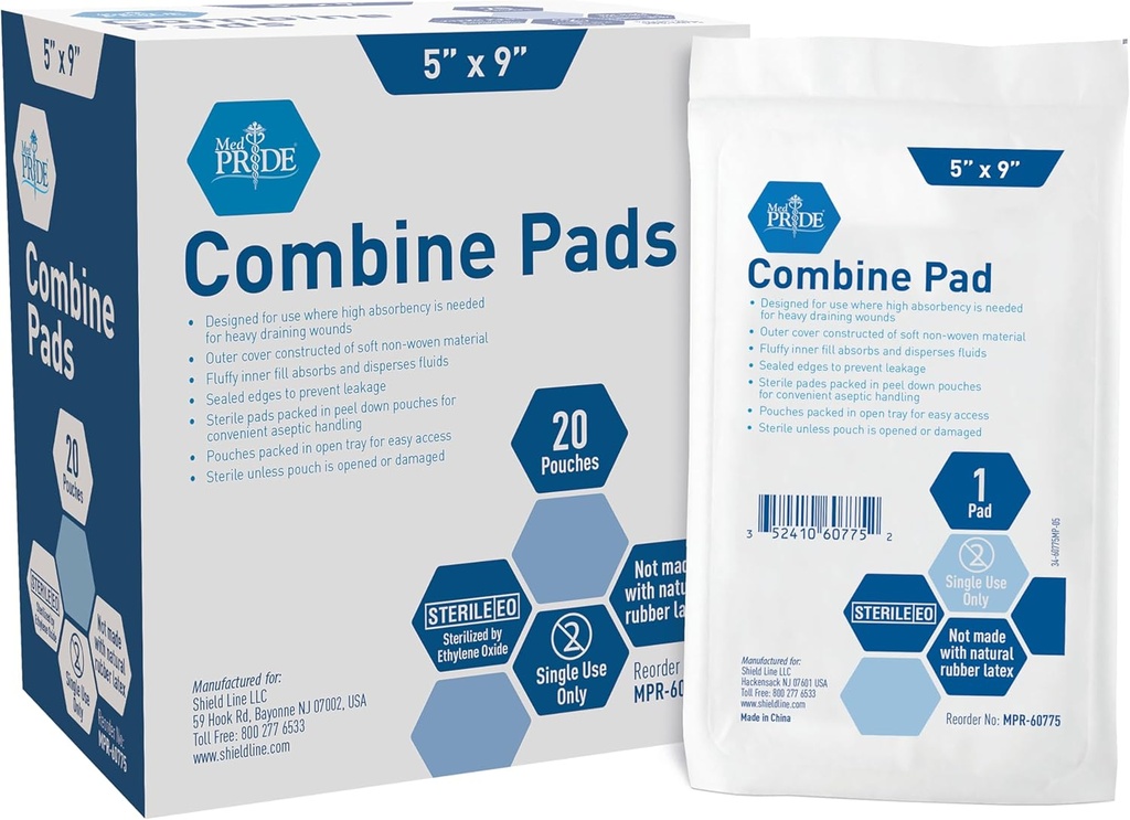 MED PRIDE Antiadhésif Stérile Abd Combinez les tampons 5x9 en habillage chirurgical supplémentaire absorbant pour les fuites lourdes (40 comte)