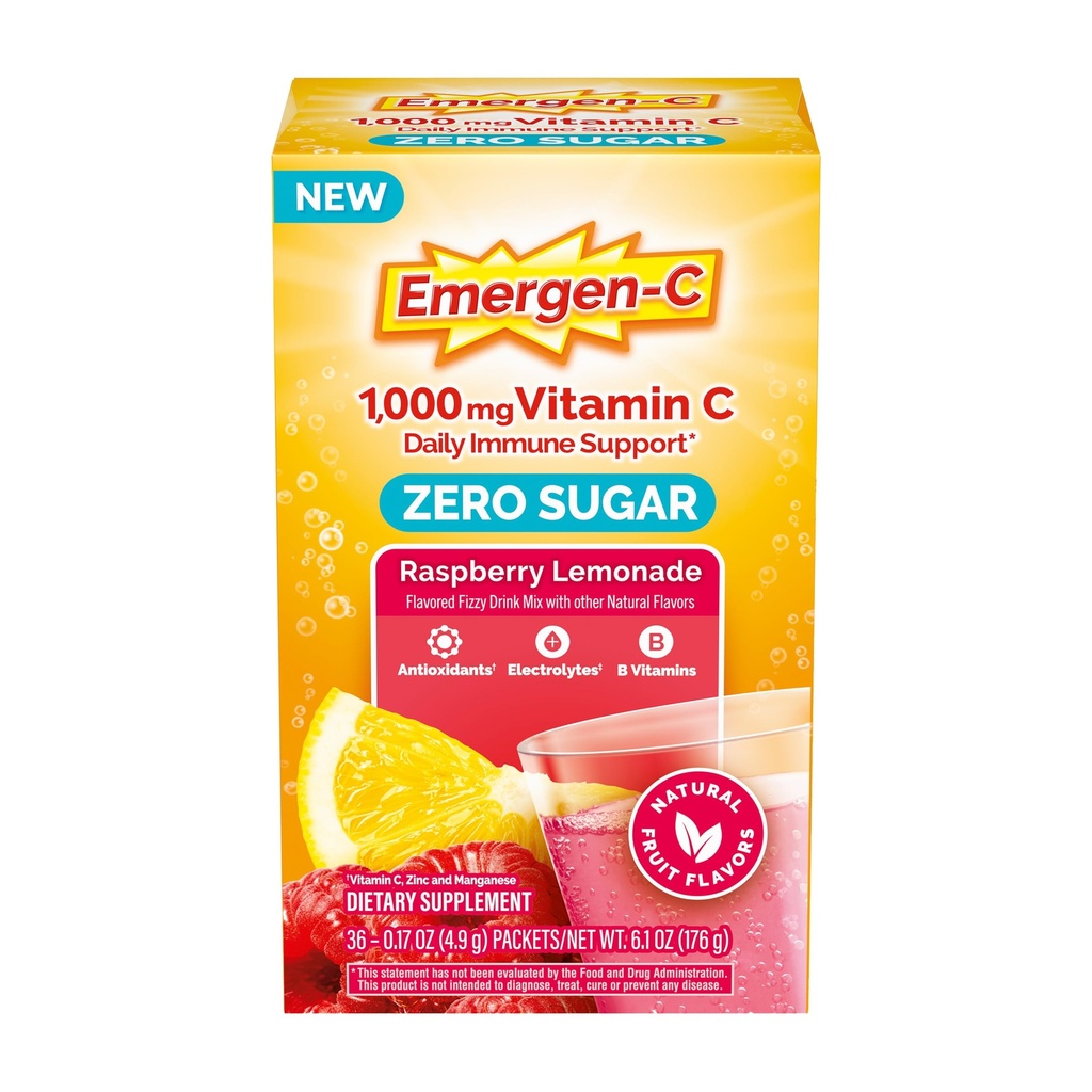 Emergen-C Zero Sugar 1000 mg Vitamine C Poudre pour Imune quotidienne Soutien Sans caféine Suppléments de vitamine C avec le zinc et le manganèse, B Vitamines et électrolytes, Lémonade framboise Saveur - 36 Compte