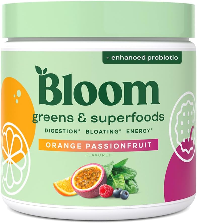 Bloom Nutrition Superfood Greens Poudre, enzymes digestives avec probiotiques et prébiotiques, Gut Health, Bloating Relief pour les femmes, Chlorella, Juice Mix w/Beet Root Powder, 30 SVG, Orange Passionfruit