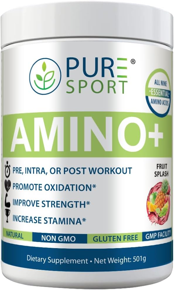 PURE Amino+ Drink Mix, Fruit Splash, 9 Essential Amino Acids, L-Arginine, L-Citrulline, 501g, 30 Servings, Premium Wellness Supplement
