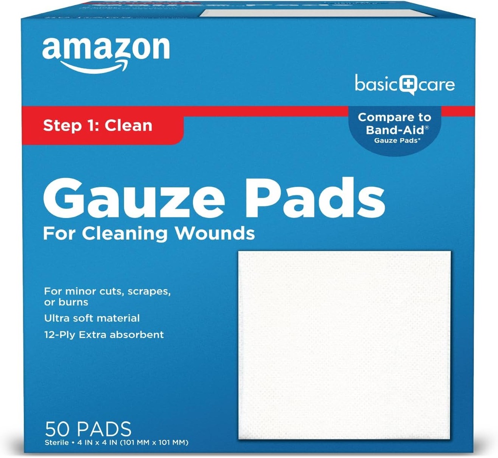 Tampons de gauze pour soins de base d'Amazone, 4x4 pouces d'éponges pour le nettoyage, la couverture et les coupures et blessures mineures, 50 comtes (paquet de 1), (précédemment tous les soins de santé)