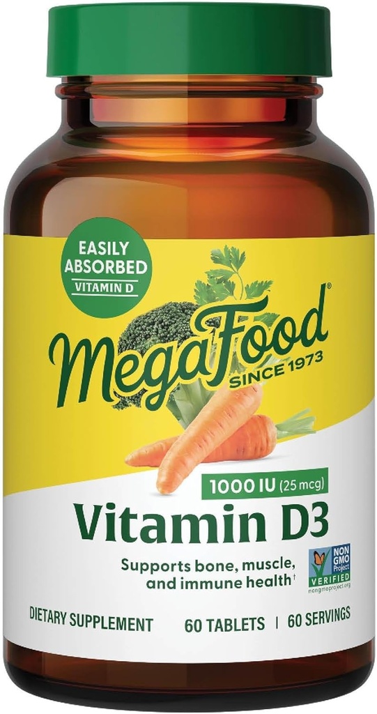 MegaFood Vitamin D3 1000 IU (25 mcg) - Vitamin D Supplements with Real Food, Immune Support, Supports Bones, Teeth & Muscles, Vegetarian, Gluten-Free, Non-GMO, Kosher – 60 Tablets, 60 Servings