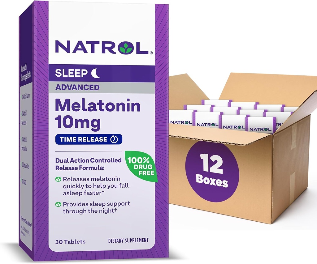 Natrol Advanced Sleep Melatonin 10mg, supplément alimentaire pour le sommeil reposé, la libération de la mélatonine comprimés, 30 comprimés de libération de temps, 30 jours d'approvisionnement (paquet de 12)
