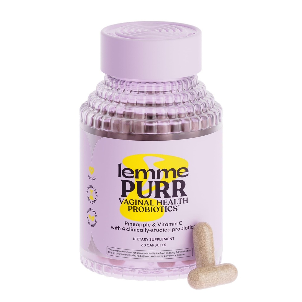 Lemme Purr Probiotiques vaginaux pour les femmes - Promotion de l'équilibre du pH, santé de l'odore vaginale et du trac urinaire en santé avec mélange Lactobacillus, souches testées cliniquement, ananas et vitamine C - 60 capsules de légumes
