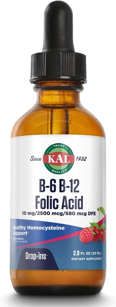 KAL Vitamine B-6 B-12 gouttes d'acide folique, gouttes de supplément de vitamine B liquide, santé cardiaque, énergie, soutien des cellules du sang rouge avec le méthyle B12 et le folate de méthyle, saveur naturelle de baies mixtes, 59 portions, 2oz