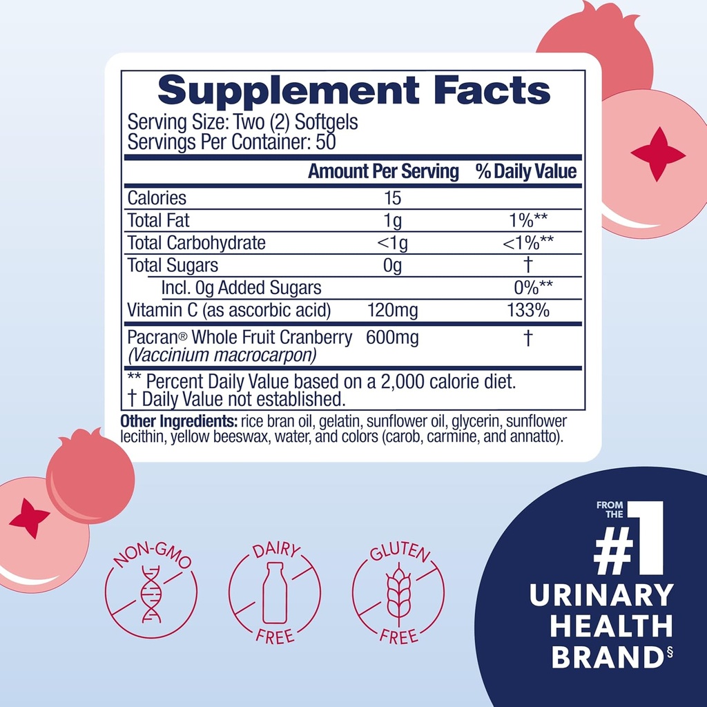 AZO Cranberry Pro Urinary Tract Supplément santé 600mg PACRAN, 1 portion : plus d'un verre de jus de canneberge, pilules sans sucre de canneberge, non-OGM 100 softgels (paquet de 2)