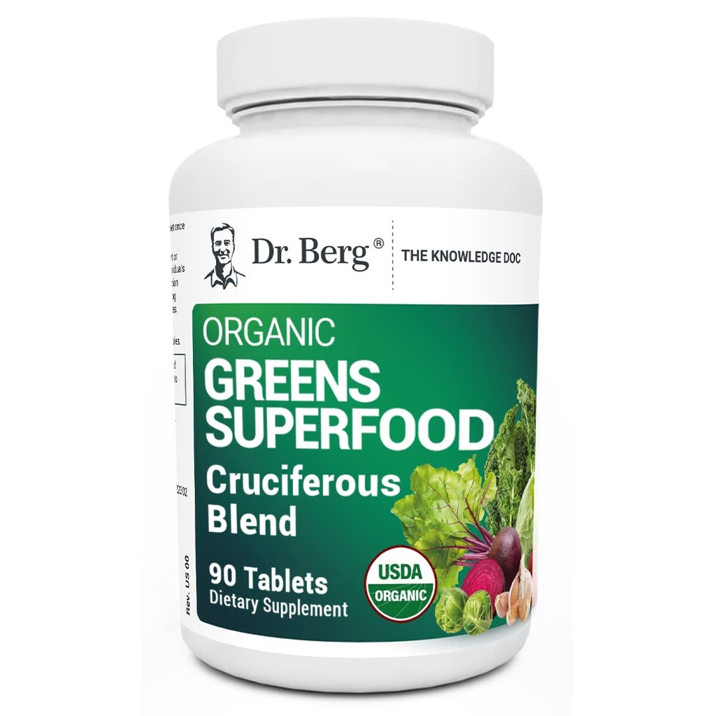 Dr. Berg's Greens Superfood Comprimés végétaux crucifères - Suppléments végétaux pour adultes w/ 11 Phytonutriment Super Greens - Énergie, système immunitaire et foie Comprimés de légumes - 90 Comprimés
