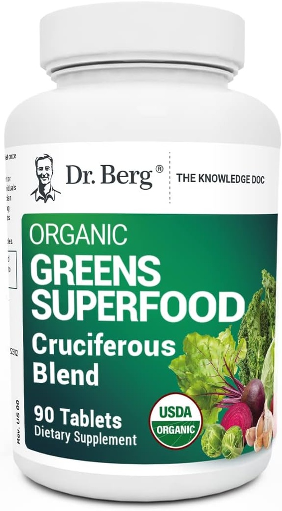 Dr. Berg's Greens Superfood Comprimés végétaux crucifères - Suppléments végétaux pour adultes w/ 11 Phytonutriment Super Greens - Énergie, système immunitaire et foie Comprimés de légumes - 90 Comprimés