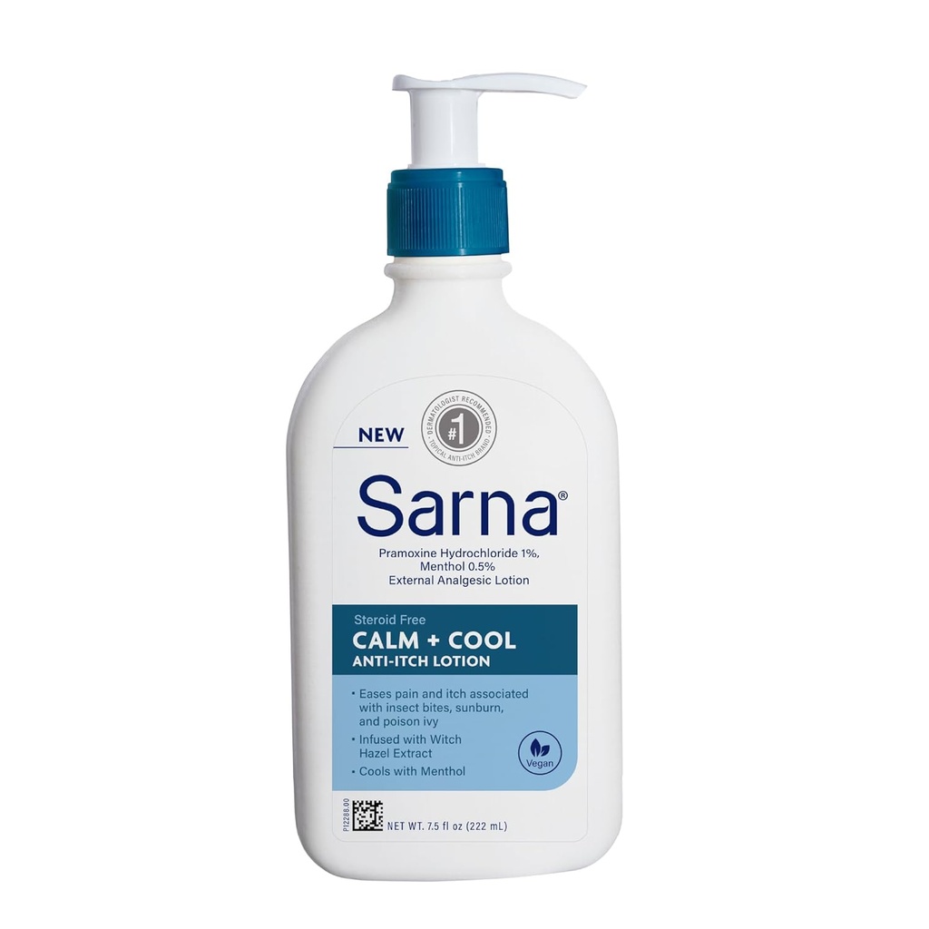 Sarna Calm + Cool Lotion anti-démangeaison, Soothe and Relieve Pain and Ditch from Insect Bites, Sunburn, & Poison Ivy, Contient 1% Pramoxine chlorhydrate, 0,5% Mentol, Vegan, Steroid-Free, 7,5oz