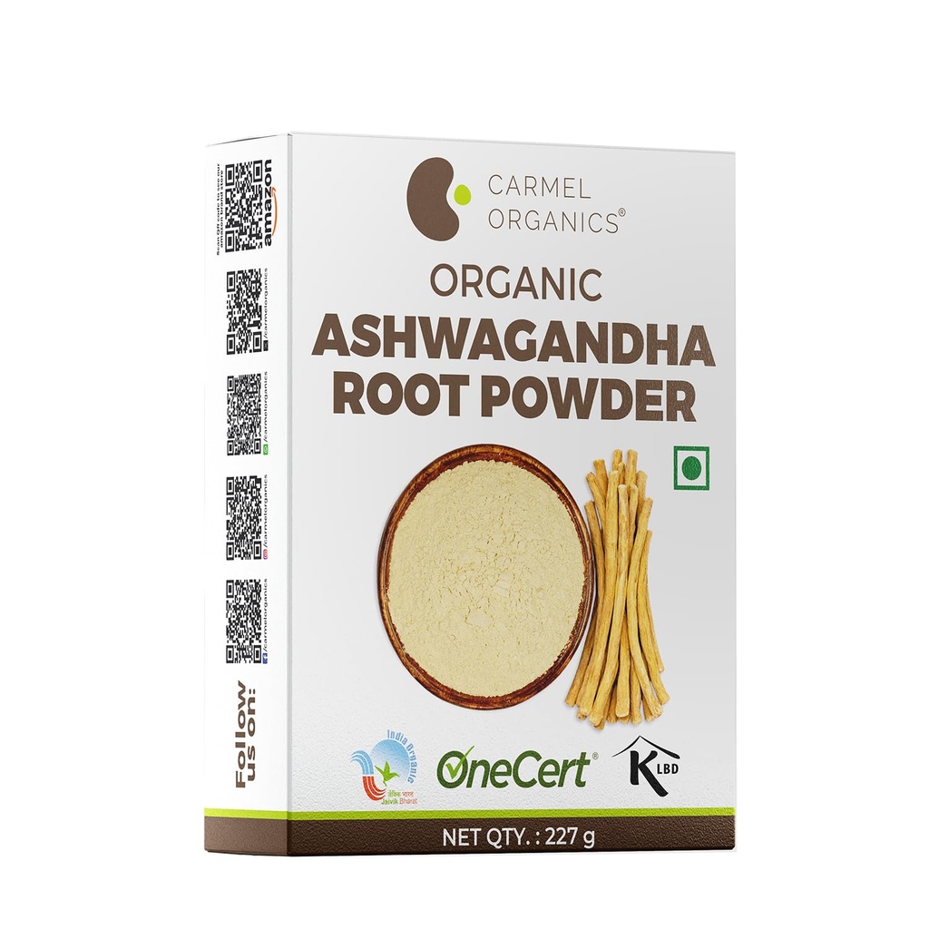 ORGANISMES DE CARMEL Poudre de racine biologique Ashwagandha (8 Oz ou 227 g/0,5 lb) Certifié USDA. Laboratoire testé, non OGM et sans gluten avec l'Inde Somnifera