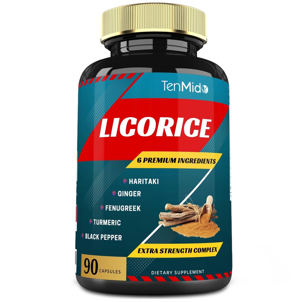 Capsules d'extrait de réglisse avec curcuma, gingembre, fénugreek, Haritaki, poivre noir - Fonction de digestion de soutien - 90 capsules, 3 mois d'approvisionnement
