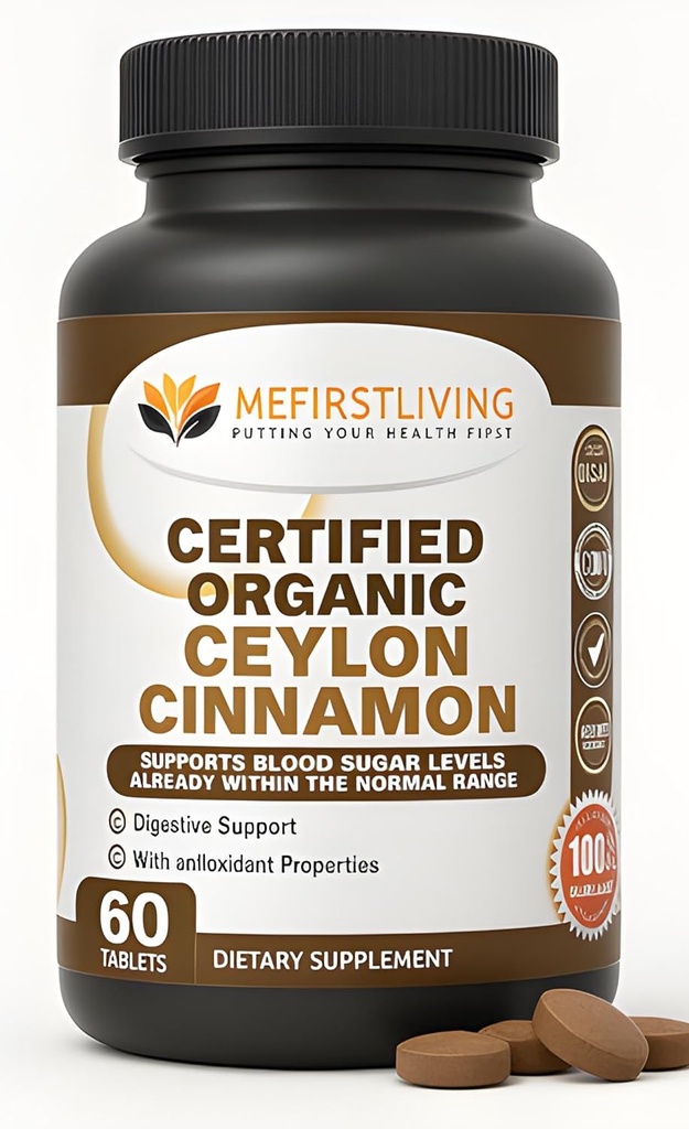 Me First Living Ceylan Cinnamon 1000mg, 100% certifié biologique Ceylan Cinnamon, non-OGM, véritable cannelle, soutien au métabolisme, antioxydant - 60 comprimés
